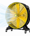 30 Inch Industrial Floor Drum Fan Heavy Duty High Airflow Cooling with yellow grille and caster wheels, ideal for warehouses.