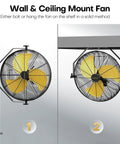 Heavy Duty 18 Inch Industrial Wall Fan With 4800 CFM Airflow mounted on wall and ceiling, metal frame, yellow blades