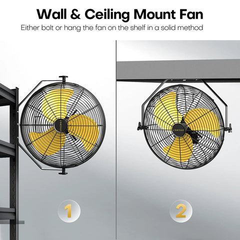 Heavy Duty 18 Inch Industrial Wall Fan With 4800 CFM Airflow mounted on wall and ceiling, metal frame, yellow blades