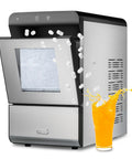 Countertop Nugget Ice Maker Featuring Clear Viewing Window In Silver Finish serving crisp chewable pellet ice with a drink.