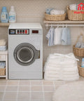 Big Time Hit Miniature Washing Machine Featuring Smooth Operable Lid And 1/12 Scale White Towel Set Serious Flex For Dollhouse Furniture And Cozy Room Decor Display Collection in a laundry setting with towels.