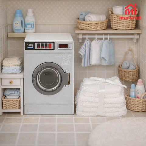 Big Time Hit Miniature Washing Machine Featuring Smooth Operable Lid And 1/12 Scale White Towel Set Serious Flex For Dollhouse Furniture And Cozy Room Decor Display Collection in a laundry setting with towels.