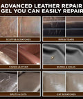Advanced leather repair gel for scuffs, scratches, rips, and tears on various leather types in home furniture.