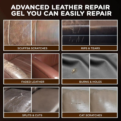 Advanced leather repair gel for scuffs, scratches, rips, and tears on various leather types in home furniture.