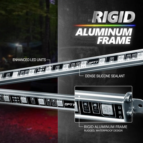 Aura Pro Underglow LED Lights Kit for Cars showing rigid aluminum frame with dense silicone sealant and enhanced LED units.