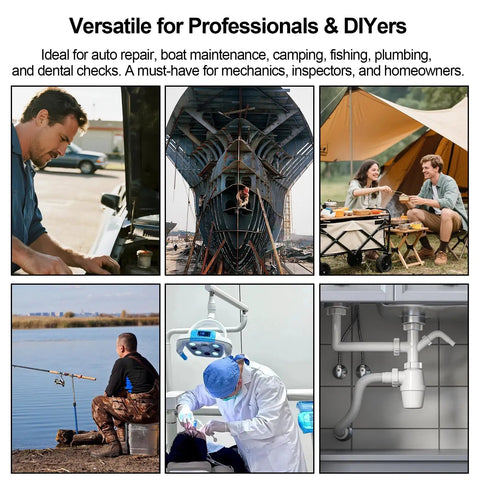 Collage showing uses for Pro Grade Telescoping Inspection Mirror, including auto repair, boat inspection, camping, and dental checks.