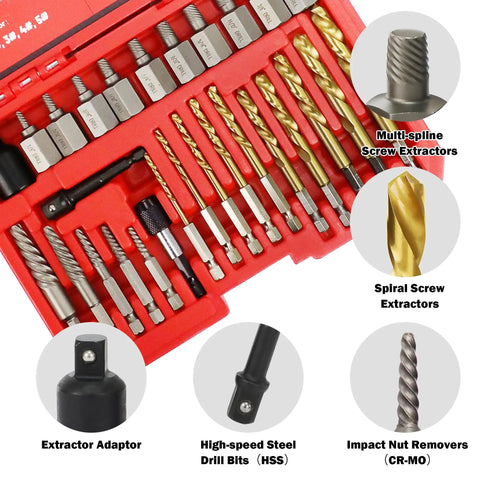32 Piece Screw Extractor Kit With Left Hand Drill Bits And Hex Adapter, displayed with multi-spline and spiral extractors in case