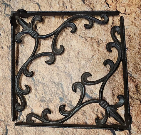 Heavy Duty Cast Iron Shelf Bracket Set With Ornate Fleur De Lis Pattern 10 By 10 Inch Shelf Supports in satin brown finish