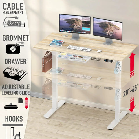 Electric Height Adjustable Standing Desk With Drawer And Memory Preset, Maple Finish, 55 by 28 Inches, Includes Cable Management Tray.