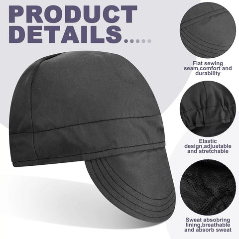 2 Pack Welding Caps For Men Washable Flame Resistant Cotton Welder Hats Black Gray with elastic fit and moisture wicking lining