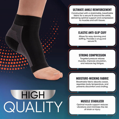 Heavy Duty 20 To 30 MmHg Ankle Brace And Compression Socks For Men And Women, displayed on foot with product benefits listed