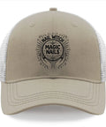 Trucker hat with 'Nail Witch Magic Nails' design on front, mesh back, and adjustable strap.