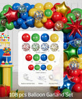 Complete Building Block Birthday Bash Decor Kit In One Box with colorful balloon garland set for kids' parties.