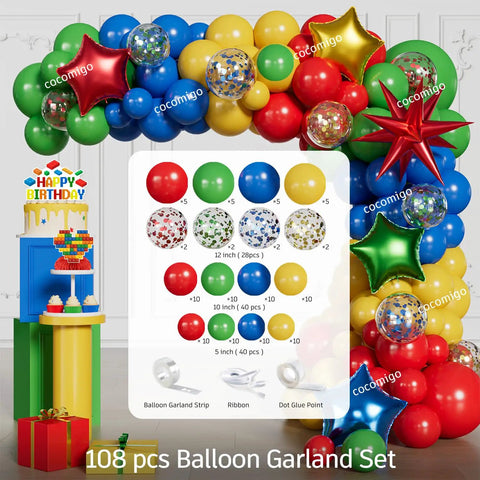 Complete Building Block Birthday Bash Decor Kit In One Box with colorful balloon garland set for kids' parties.