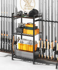 28 Rod Ground Stand Fishing Rod Holder Rack for Garage with rods and tackle boxes in vertical 3-sided display