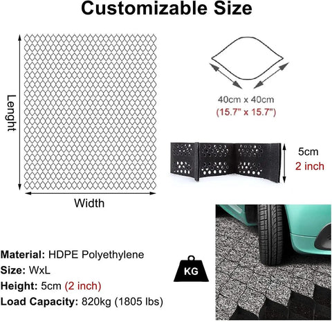 Permeable Geocell Grid System for Stabilization and Drainage Heavy Duty Polyethylene Grid for driveways shown in customizable size chart