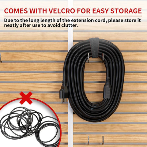 Heavy Duty 100 Ft Outdoor Extension Cord Waterproof Weatherproof Flame Retardant 3 Prong Power Cable For Lawn And Garden 16 AWG 125V 10A 1250W SJTW ETL Listed hanging with velcro strap on wall for easy storage.