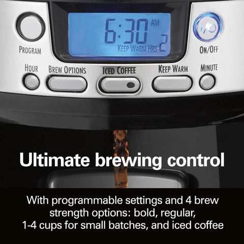 Close-up of control panel for One Press Programmable Dispensing Coffee Maker No Carafe For Fresh Coffee On Demand 12 Cup Capacity
