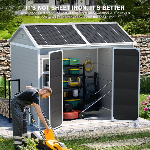 8x6 Ft Resin Storage Shed With Floor, Waterproof Outdoor Tool Shed, Lockable Door And Two Windows, open with tools inside