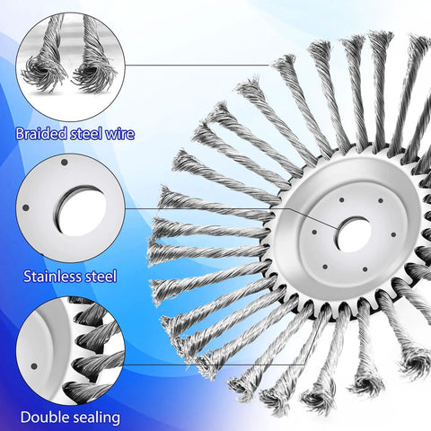Unbreakable Heavy Duty 10 Inch Wired Trimmer Blade With Steel Wire Cutter Head And Rotary Brush For Weed Eater Moss Grass Rust Removal Kit Includes Adapter Kit For Easy Fit. Close-up of braided steel wires and stainless steel brush head.