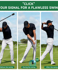 Golfer using Click Stick Golf Swing Training Aid With Arm Band And Wrist Strap for swing practice on green.
