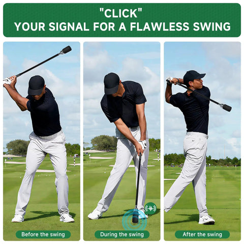 Golfer using Click Stick Golf Swing Training Aid With Arm Band And Wrist Strap for swing practice on green.