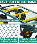 Heavy Duty Steel Garden Cart With 550 Pound Capacity, 10 Inch Wheels, Removable Sides, showing steel frame and mesh design.