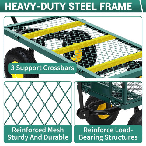 Heavy Duty Steel Garden Cart With 550 Pound Capacity, 10 Inch Wheels, Removable Sides, showing steel frame and mesh design.
