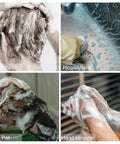 Four images showing uses for 2 Oz Travel Foam Dispenser Bottles Set: shampoo, household cleaning, pet washing, hand sanitizing