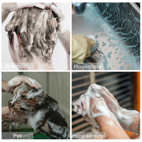 Four images showing uses for 2 Oz Travel Foam Dispenser Bottles Set: shampoo, household cleaning, pet washing, hand sanitizing