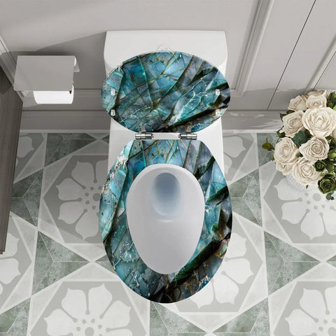 Toilet Seat Elongated for Bathroom with a blue-green decorative design, fits standard toilets, top view.