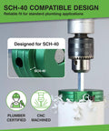 Close-up of Pro Grade Heavy Duty PVC Pipe Reamer Kit in use on Sch 40 pipe, showing aluminum fitting with carbide inserts.