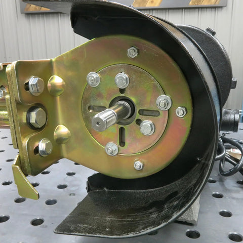 Close-up of Professional Grade Heavy Duty 4X48 Belt Grinder Attachment with automatic tensioning for bench grinders.