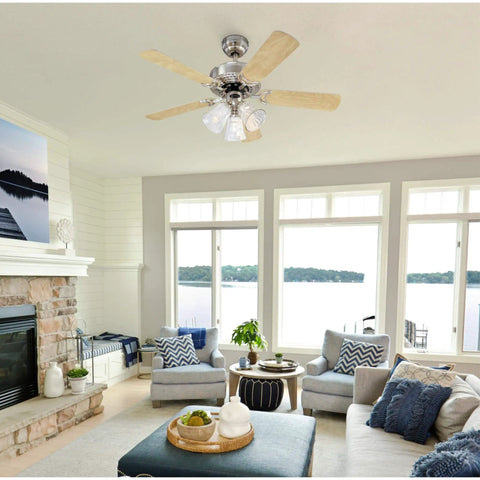 Living room with Newtown 42 Inch Indoor LED Ceiling Fan With Light Brushed Nickel Finished With Reversible Light Maple Blades.