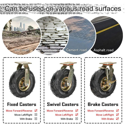 Straight Up Heavy Duty 10 Inch Pneumatic Casters displayed on various road surfaces, showcasing fixed, swivel, and brake options.