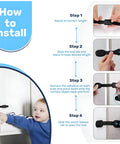 Instructional graphic for installing Adhesive Child Safety Strap Locks For Cabinets And Drawers, Toilets, Fridges, Dishwashers, Ovens And More, Adjustable, No Drilling Required, Stain Free Kid Proofing Latches For Busy Homes, showing childproof lock installation steps on a cabinet.