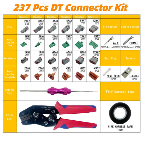 237 Piece DT Series Pro Grade Waterproof Connector Kit with Ratchet Crimping Pliers and Terminal Removal Tool layout