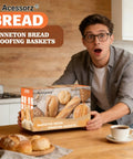 Man holding Sourdough Starter Kit With Two Banneton Proofing Baskets Bread Proofing Tool Set in kitchen, surprised expression