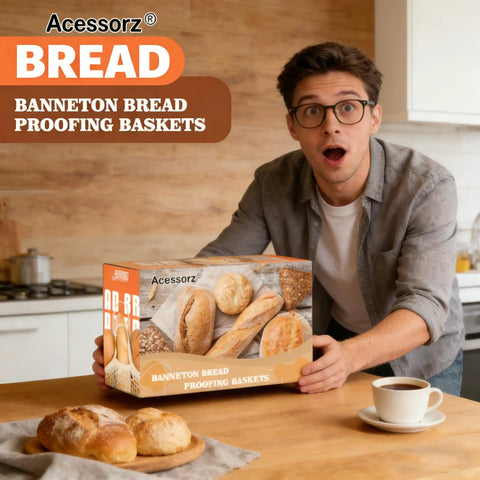 Man holding Sourdough Starter Kit With Two Banneton Proofing Baskets Bread Proofing Tool Set in kitchen, surprised expression