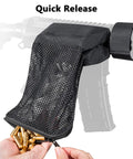 Beefy Heavy Duty Brass Shell Catcher Mesh with Heat Resistant Padding attached to rifle with zippered bottom open