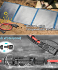 Heavy Duty 10AWG Solar Panel To SAE Adapter Cable 2Ft with waterproof cap, shown connected near solar panel in outdoor setup