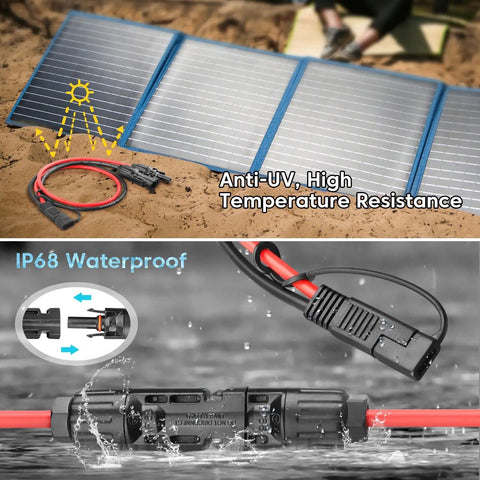 Heavy Duty 10AWG Solar Panel To SAE Adapter Cable 2Ft with waterproof cap, shown connected near solar panel in outdoor setup