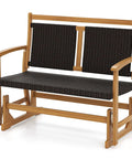 Two Person Wooden Outdoor Glider Bench With Acacia Wood Armrests And Wicker Back And Seat Rocking Patio Loveseat.