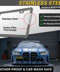 Fresh Black Carbon Fiber License Plate Frames Two Pack Slim Heavy Duty with stainless steel and carbon fiber print design.