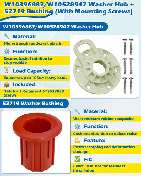 Washer Basket Driven Hub All In One Replacement Kit With Vibration Reducing Bushing And Mounting Screws Easy Install Durable Parts Replaces AP5665171 PS6012095 W10396887 W10528947 Fits Whirlpool Maytag Kenmore, hub and bushing set