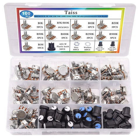 200 Piece Potentiometer Kit With Rotary Knobs And Nuts Washers For WH148 B Type Single Linear Taper 5K 10K 20K 50K 100K 250K 500K 1M Ohm Potentiometers For Audio Projects in box