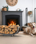Heavy Duty 29 Inch Firewood Rack For Indoor Or Outdoor Use Sturdy Iron Log Holder in living room with fireplace and dog