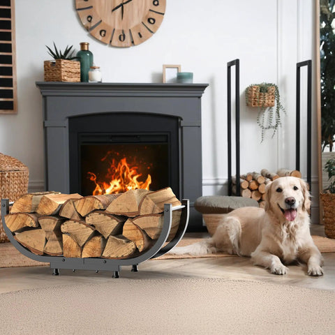Heavy Duty 29 Inch Firewood Rack For Indoor Or Outdoor Use Sturdy Iron Log Holder in living room with fireplace and dog