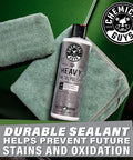Light And Heavy Metal Polish Kit To Restore And Remove Oxidation Rust And Tarnish From Chrome Aluminum Stainless Steel Brass Copper And More With Two 16 Oz Bottles, shown with cleaning cloths on green surface.