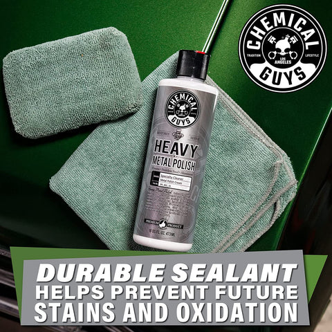 Light And Heavy Metal Polish Kit To Restore And Remove Oxidation Rust And Tarnish From Chrome Aluminum Stainless Steel Brass Copper And More With Two 16 Oz Bottles, shown with cleaning cloths on green surface.